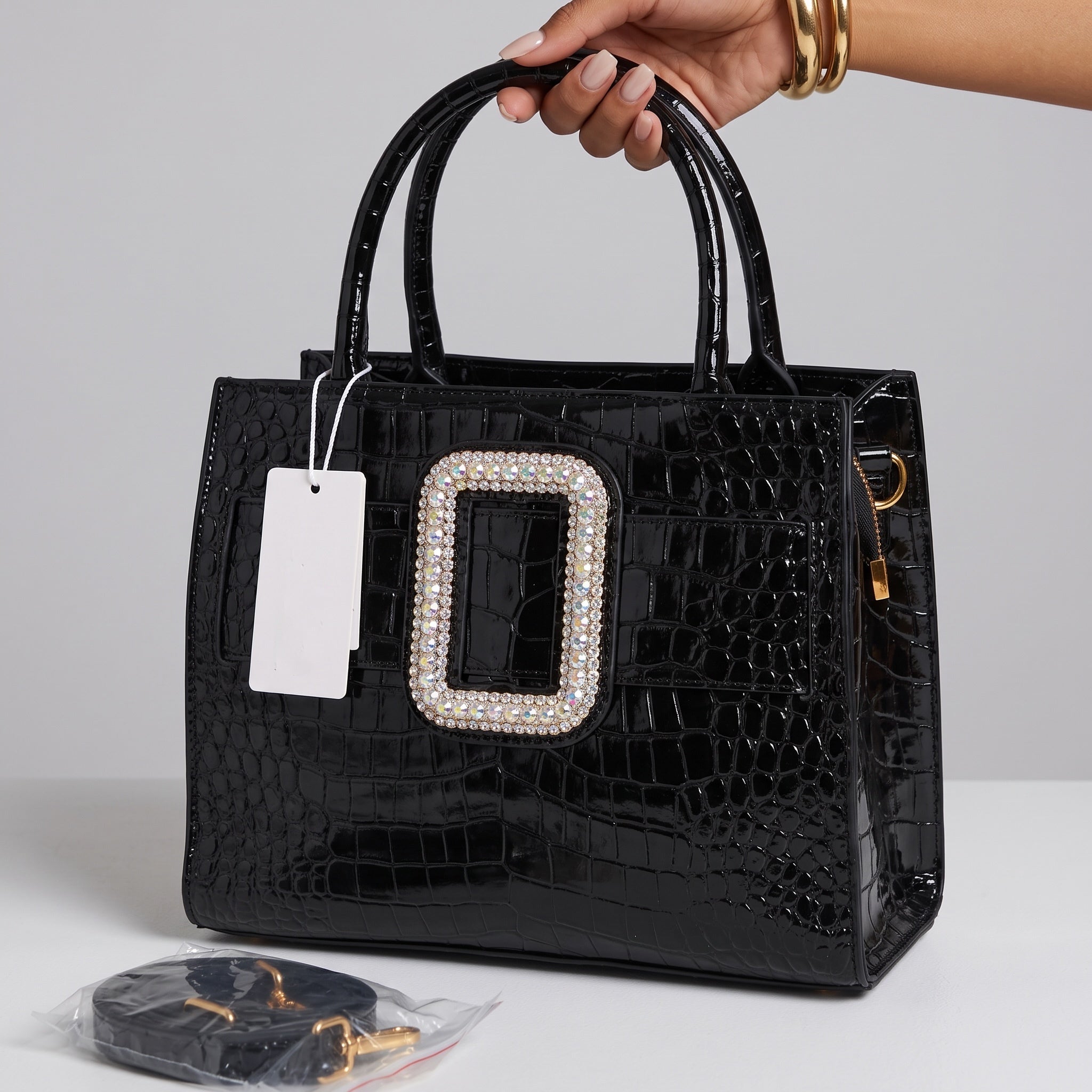 Croc Tote – Black Crystal Buckle 👜💎