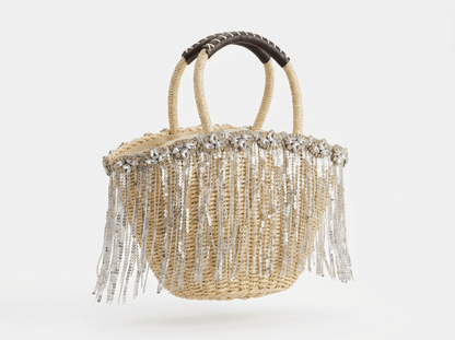 Crystal Fringe Woven Beach Tote – Natural Beige ✨🏖️