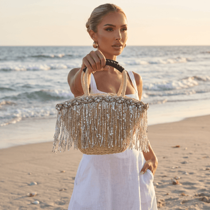 Crystal Fringe Woven Beach Tote – Natural Beige ✨🏖️
