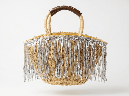 Crystal Fringe Woven Beach Tote – Natural Beige ✨🏖️