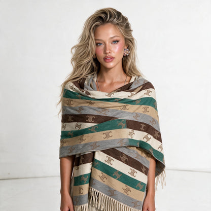 Celine Triomphe Fringe Shawl — Brown
