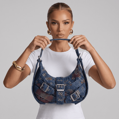 Desigual Denim Buckle Shoulder Bag – Edgy Studded Hobo Bag 💙🔥