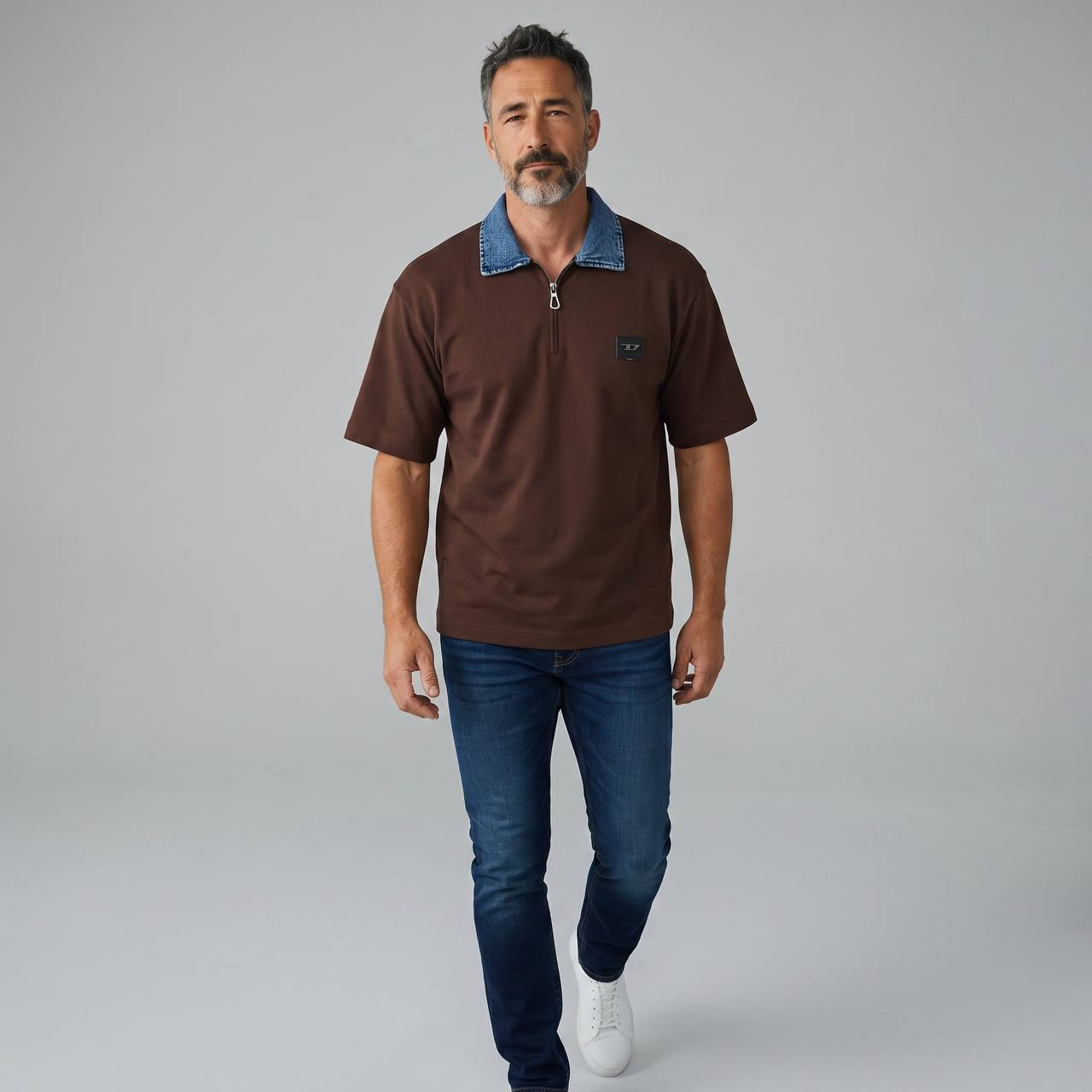 Diesel Denim Collar Half-Zip Polo – Chocolate Brown Edition 🤎👖