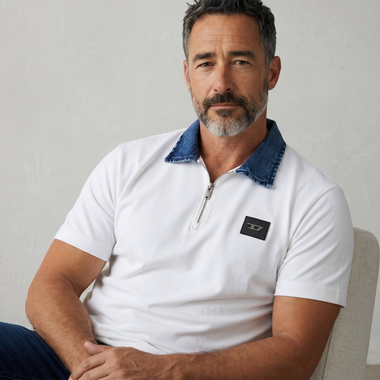 Diesel Denim Collar Zip Polo – Arctic White Edition 🤍💙