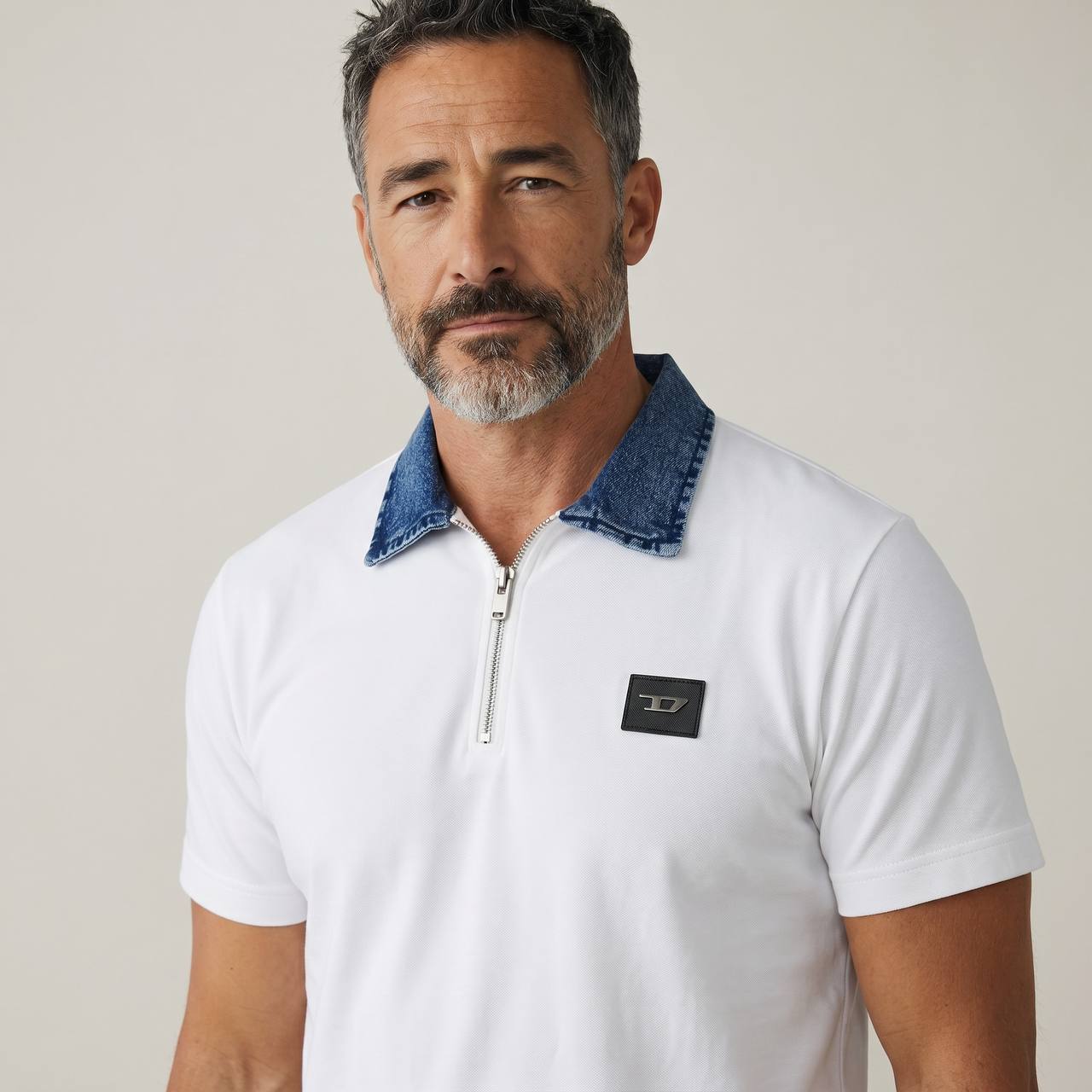 Diesel Denim Collar Zip Polo – Arctic White Edition 🤍💙
