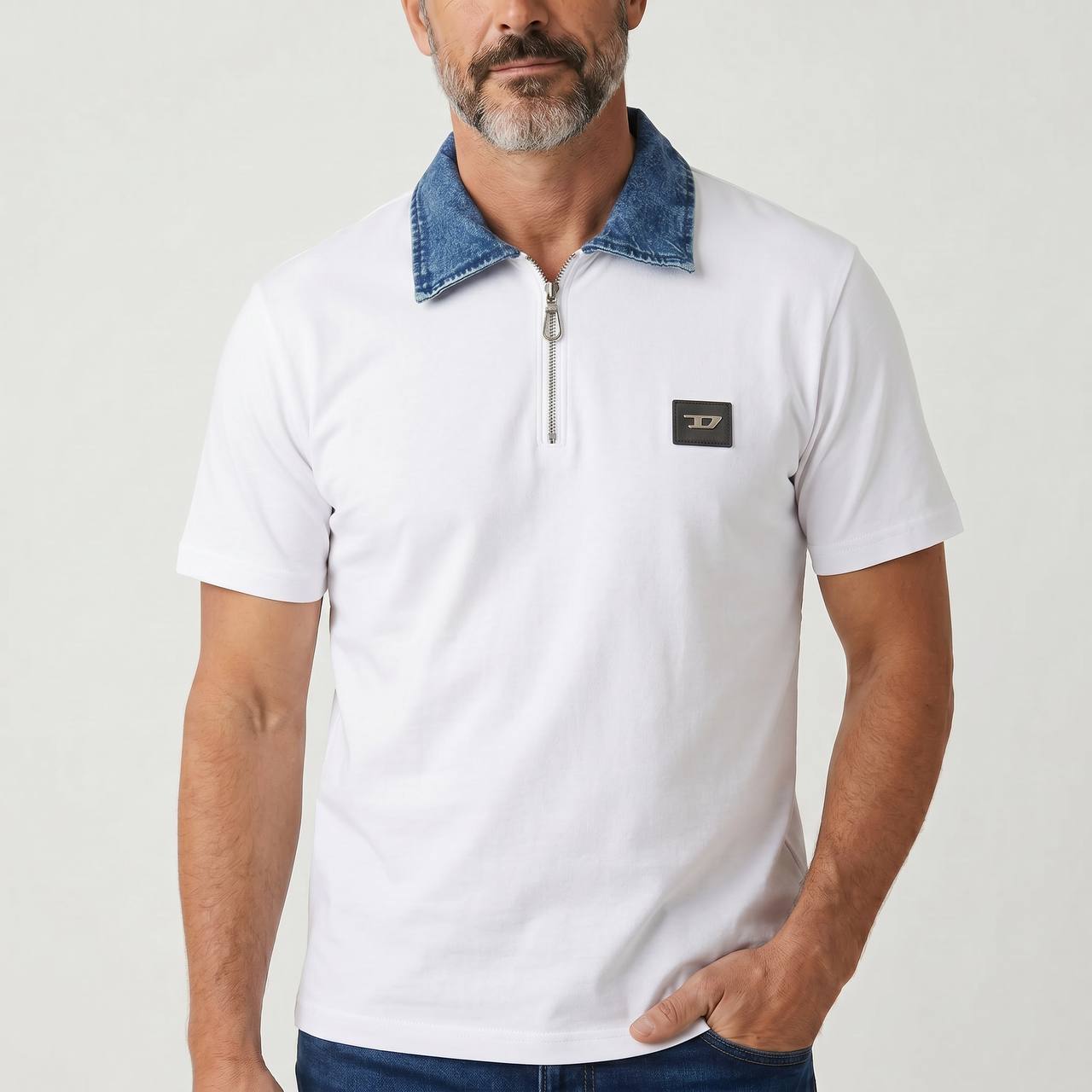 Diesel Denim Collar Zip Polo – Arctic White Edition 🤍💙