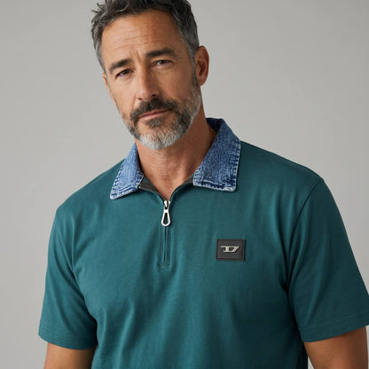 Diesel Denim Collar Zip Polo – Deep Emerald Edition 💚👖