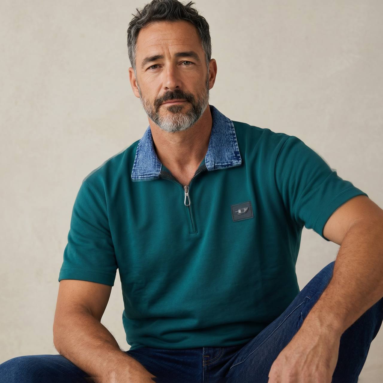 Diesel Denim Collar Zip Polo – Deep Emerald Edition 💚👖