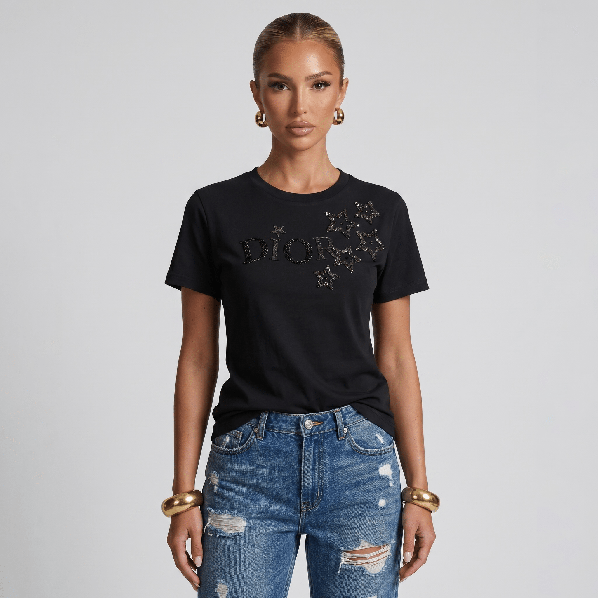 🖤 Dior Crystal Star Logo Cotton T-Shirt