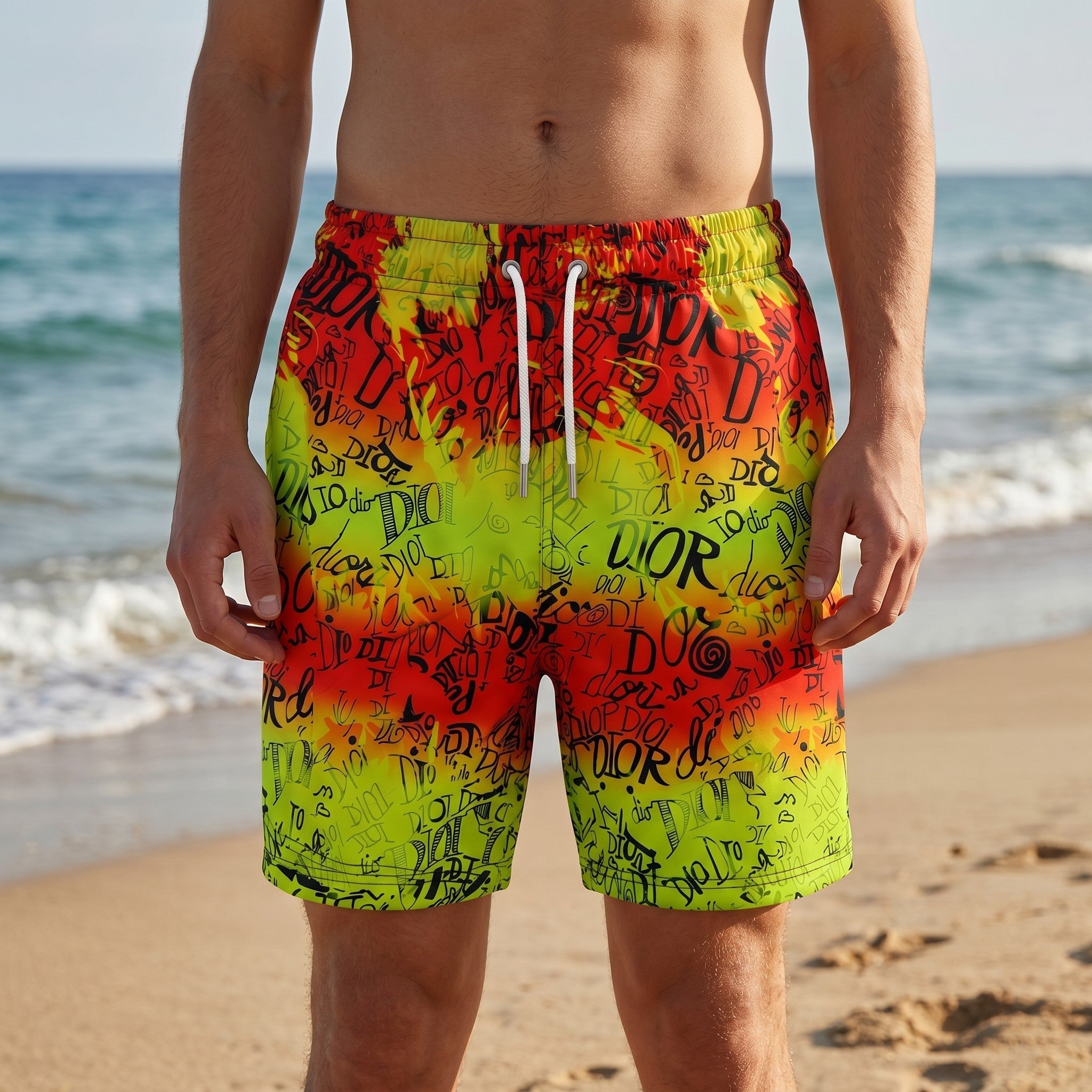 Dior Graffiti Splash Swim Shorts – Neon Yellow & Red 🎨🌴