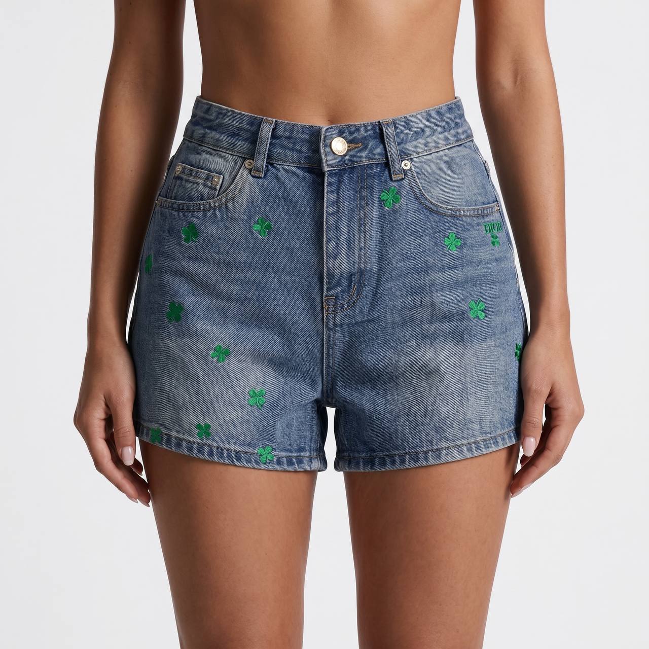 Dior Lucky Clover Embroidered Denim Shorts – Blue