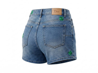 Dior Lucky Clover Embroidered Denim Shorts – Blue