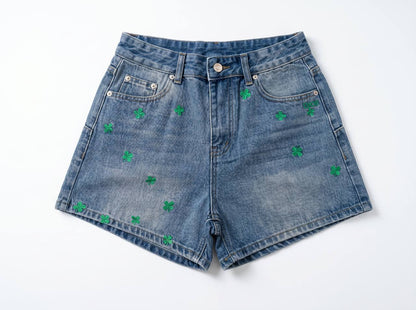 Dior Lucky Clover Embroidered Denim Shorts – Blue