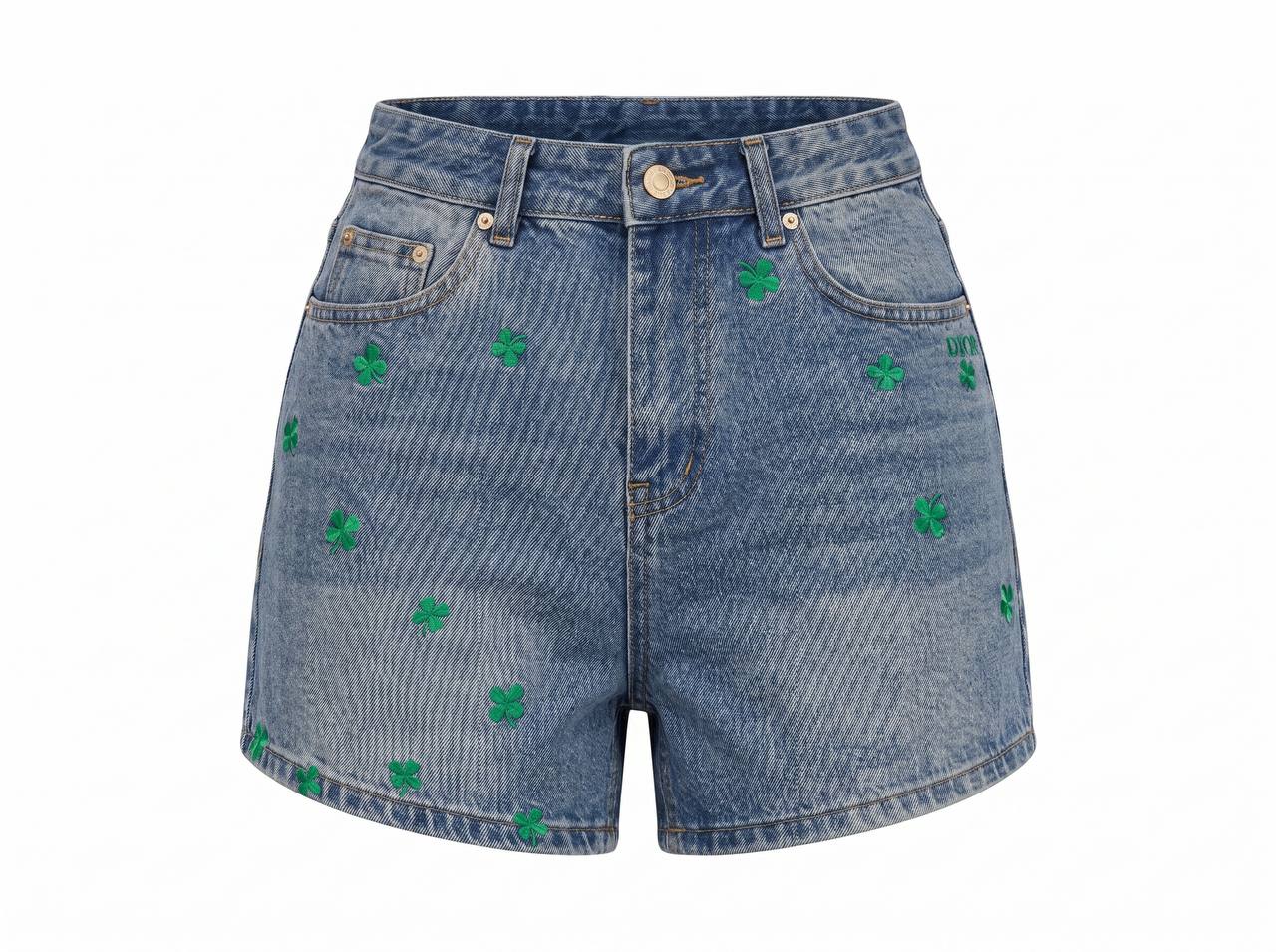 Dior Lucky Clover Embroidered Denim Shorts – Blue