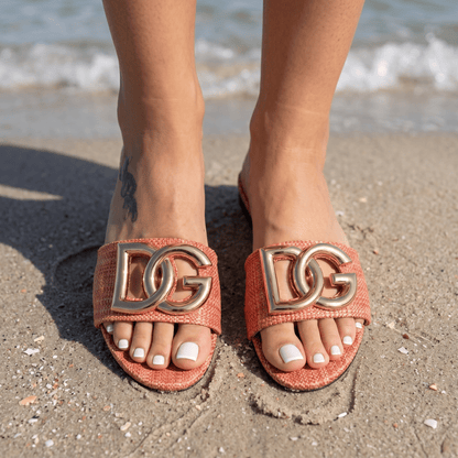 Dolce & Gabbana DG Raffia Slide Sandals – Blush Pink 🌸✨