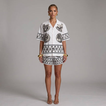 🤍 Dolce & Gabbana White Baroque Coin Print Set – Luxury Summer Co-Ord 🩳👕✨