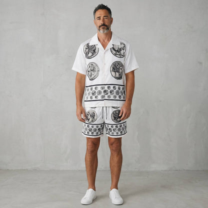 🤍 Dolce & Gabbana White Baroque Coin Print Set – Luxury Summer Co-Ord 🩳👕✨