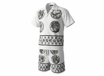 🤍 Dolce & Gabbana White Baroque Coin Print Set – Luxury Summer Co-Ord 🩳👕✨