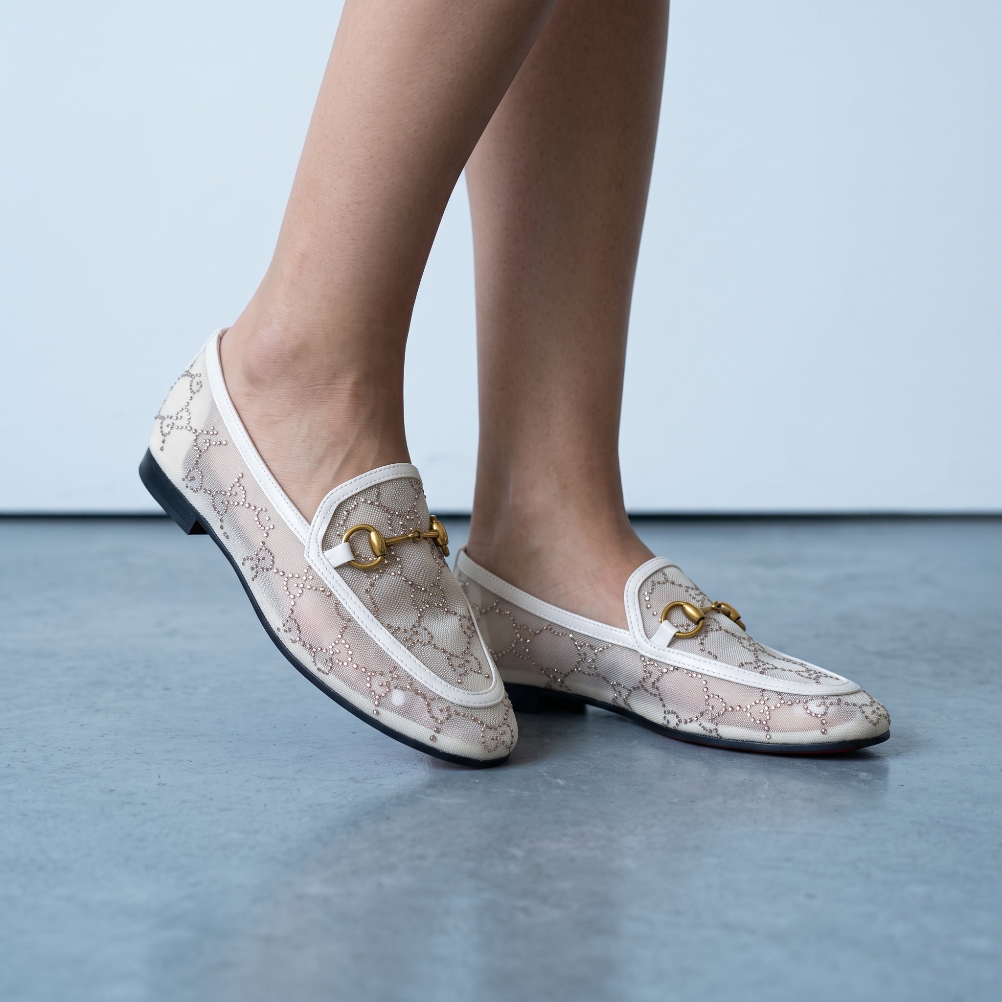 Gucci Horsebit Loafers – Ivory Crystal Mesh ✨