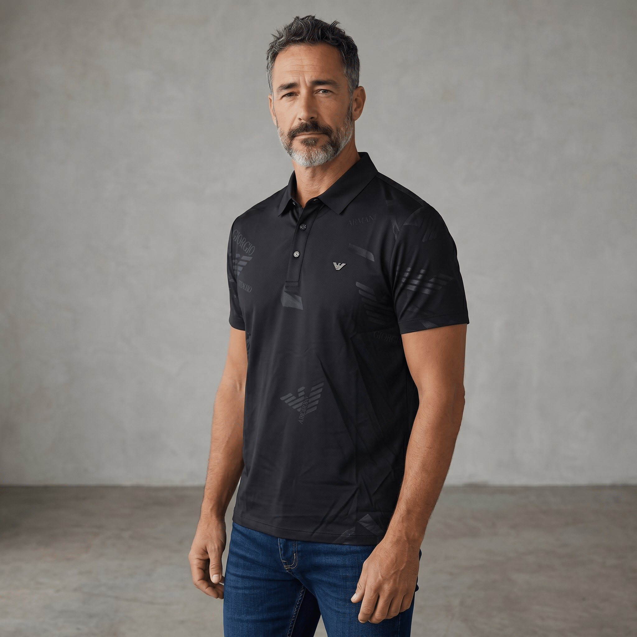 Emporio Armani Black Pattern Polo 🖤✨ Tonal Monogram Edition