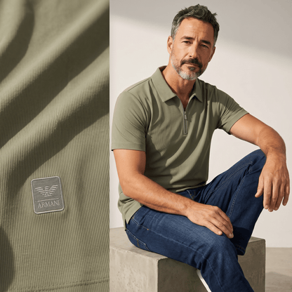 🫒✨ Emporio Armani Olive Half-Zip Polo Shirt – Luxury Minimal Edition 👔🔥