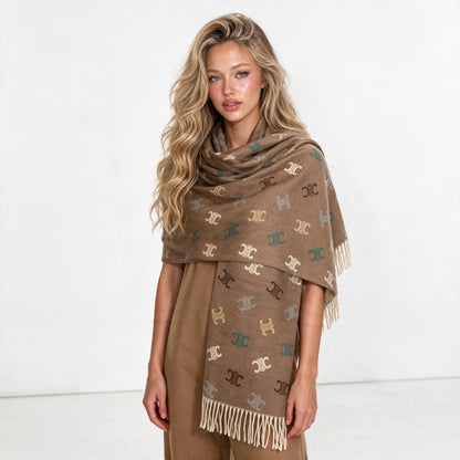 Celine Triomphe Fringe Shawl — Brown