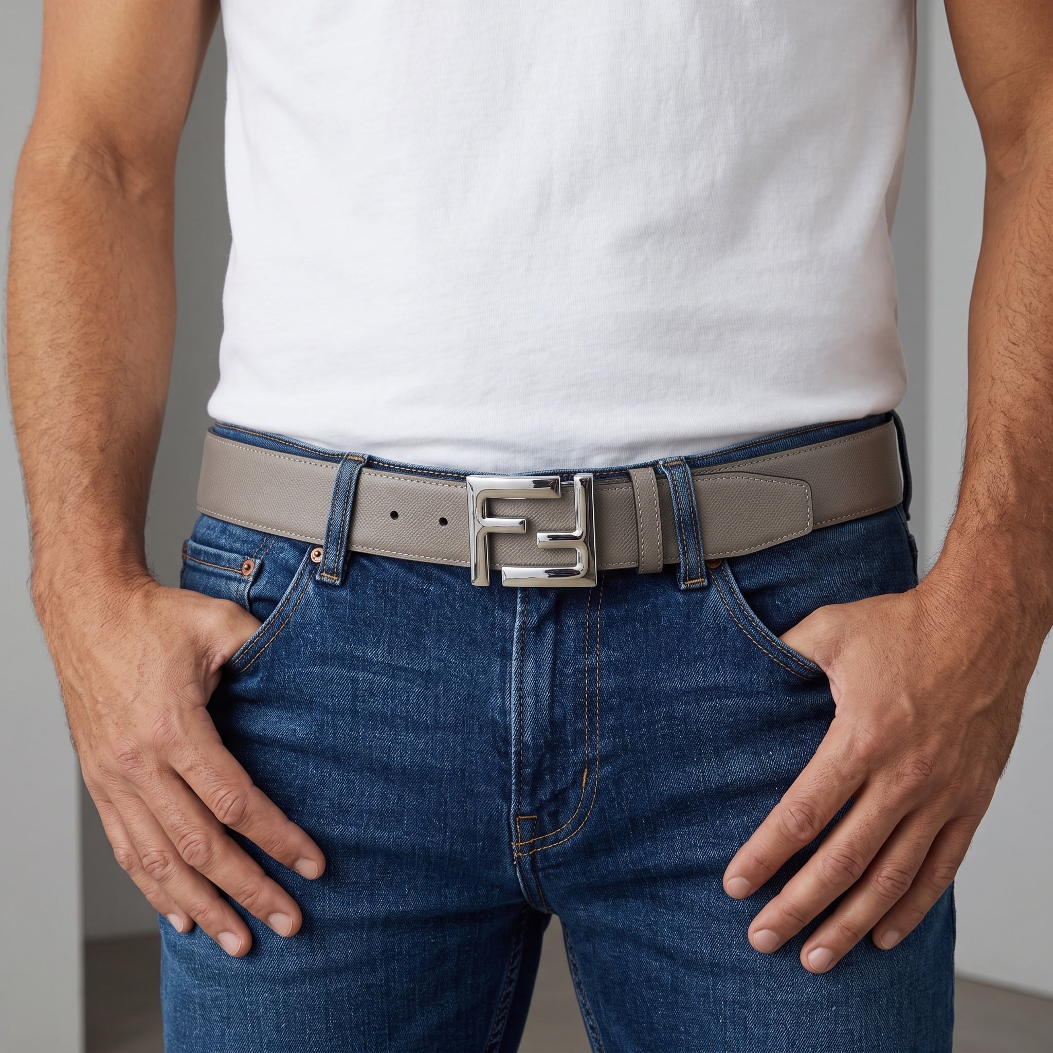 Fendi Belt – Grey FF Buckle 🔗cm