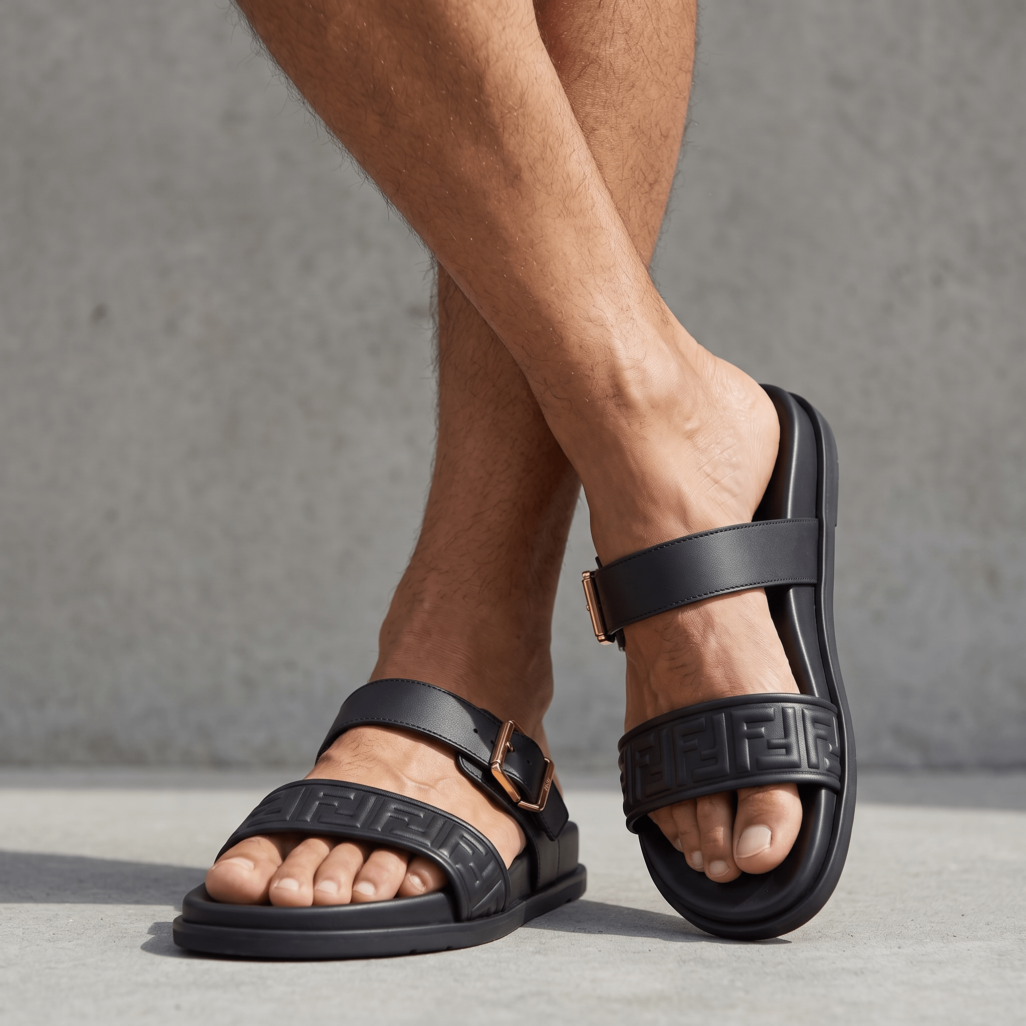 Fendi FF Embossed Double Strap Luxury Slides – Black