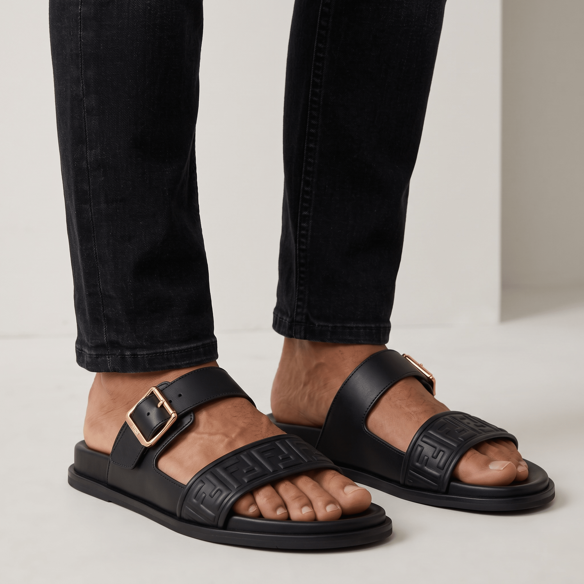 Fendi FF Embossed Double Strap Luxury Slides – Black