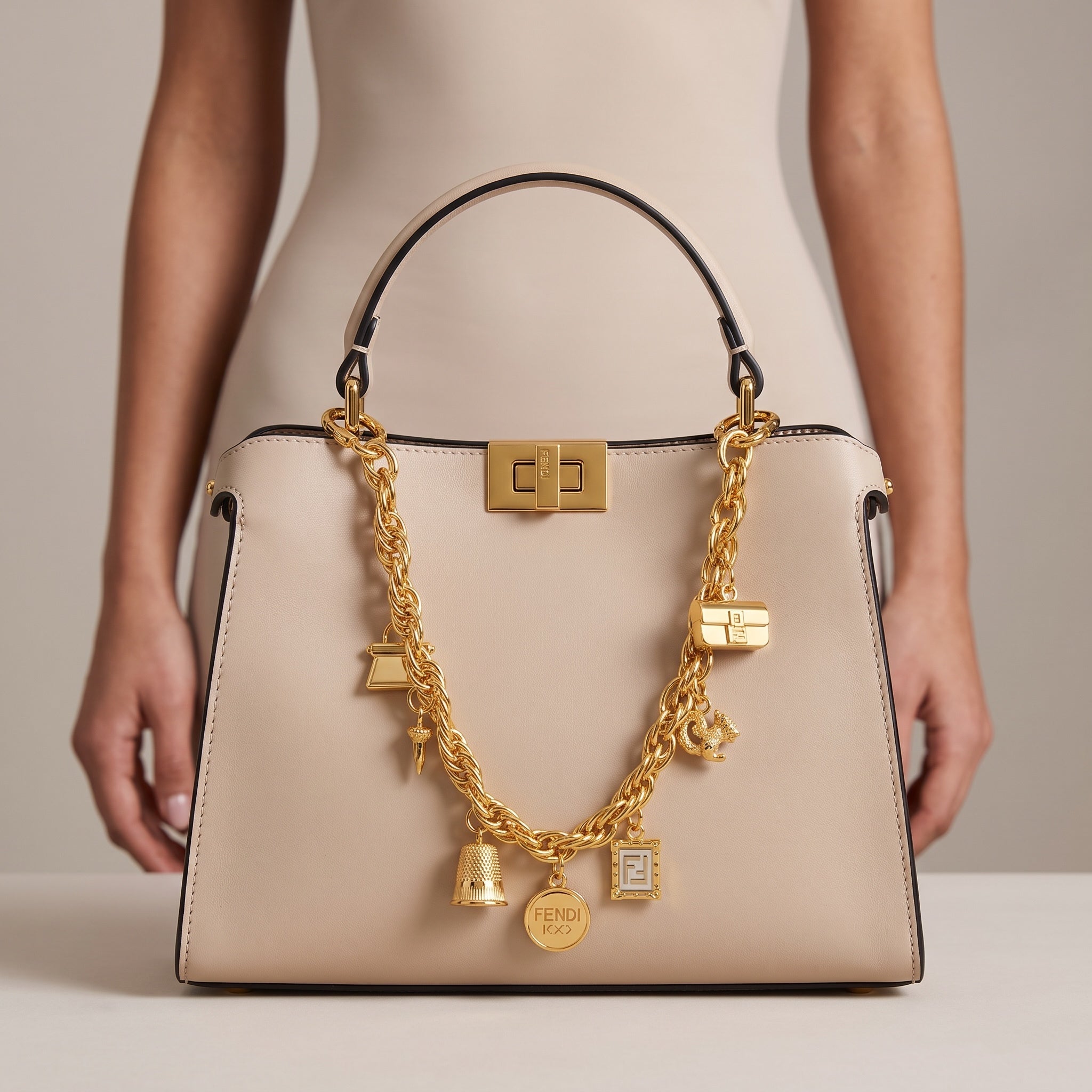 Fendi Handbag – Beige Gold-Charm Top Handle 👜✨