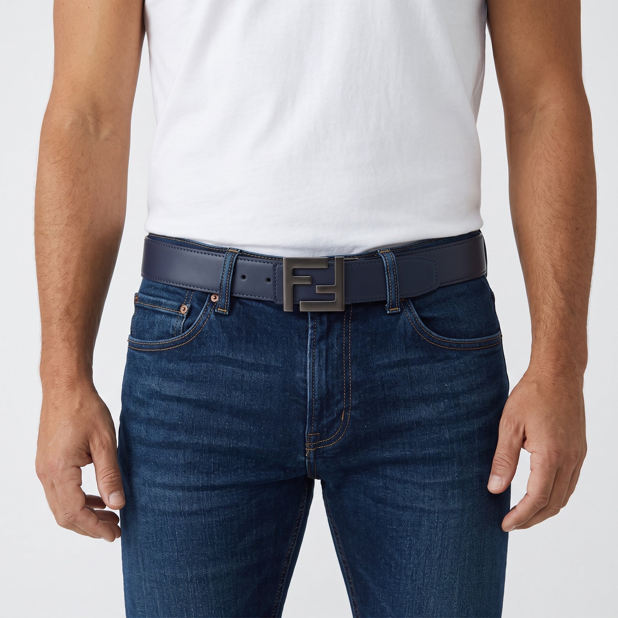 Fendi Men's Leather Belt – Navy FF Buckle 🔷125 cm