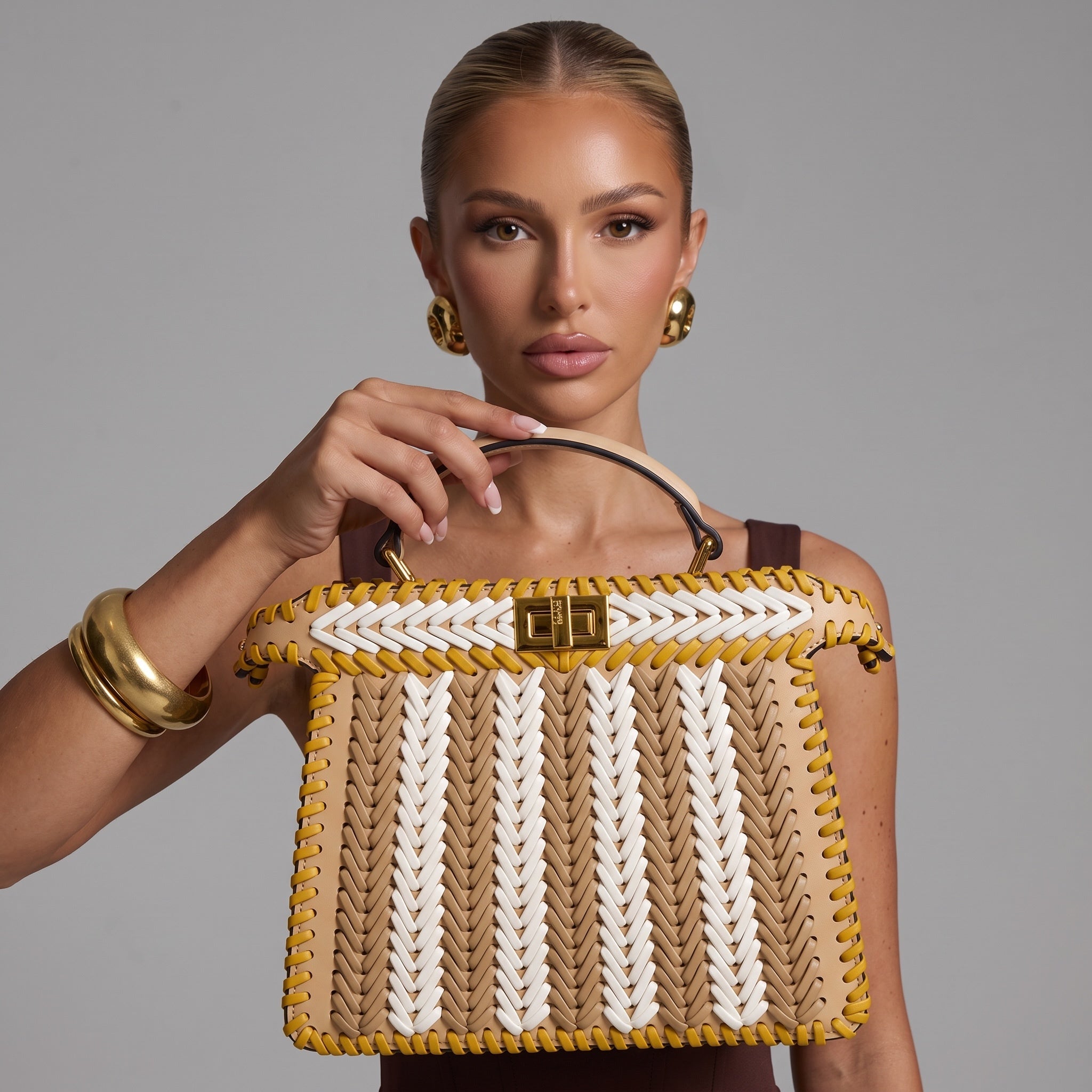 Fendi Woven Top-Handle Leather Bag – Beige Yellow 👜