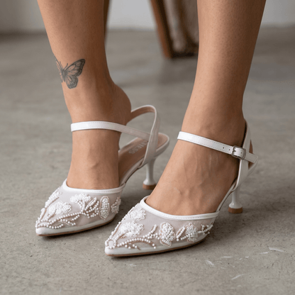 Floral Pearl Mesh Heels – Ivory Elegance 🤍✨