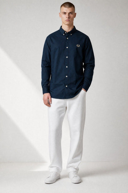 Fred Perry Premium Navy Blue Button Down Oxford Shirt for Men – Luxury Smart Casual Long Sleeve Designer Essential 💙✨