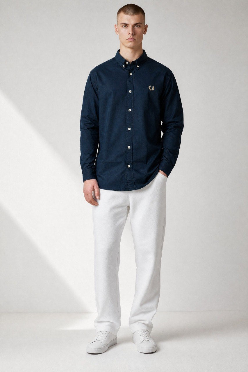 Fred Perry Premium Navy Blue Button Down Oxford Shirt for Men – Luxury Smart Casual Long Sleeve Designer Essential 💙✨