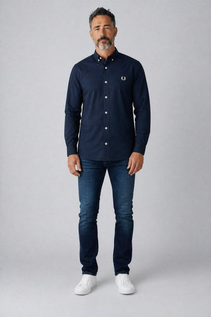 Fred Perry Premium Navy Blue Button Down Oxford Shirt for Men – Luxury Smart Casual Long Sleeve Designer Essential 💙✨