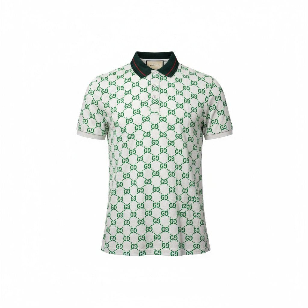 Gucci All-Over GG Monogram Polo – White & Green with Web Collar