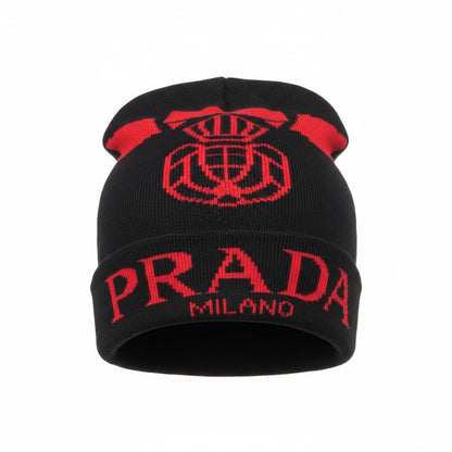 🔴 Prada Milano Black & Red Beanie | Luxury Streetwear Knit Hat