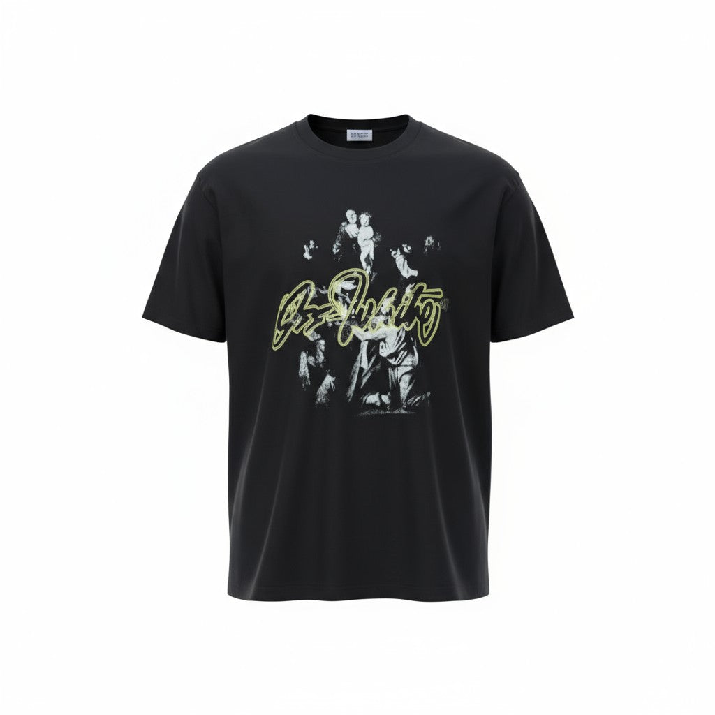 Off-White Baroque Art Graphic Tee – Black with Script Logo