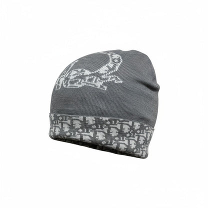 🩶 Dior Grey Knit Beanie | Christian Dior Oversized Logo Hat