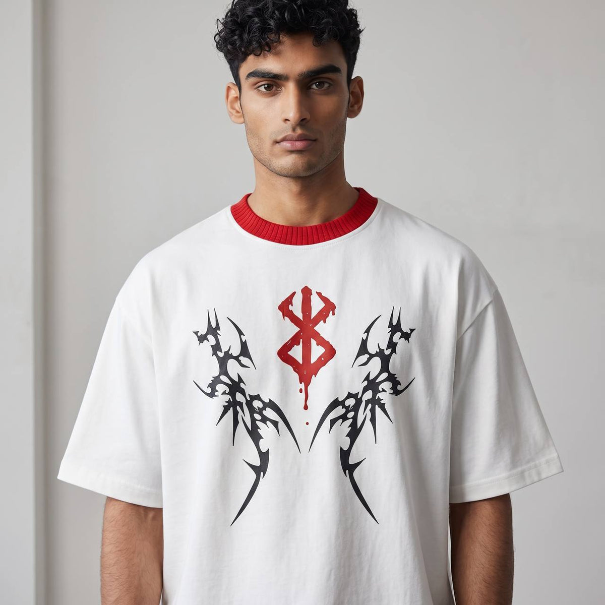Gothic Tribal Oversized T-Shirt – White & Red Edition 🔥⚡