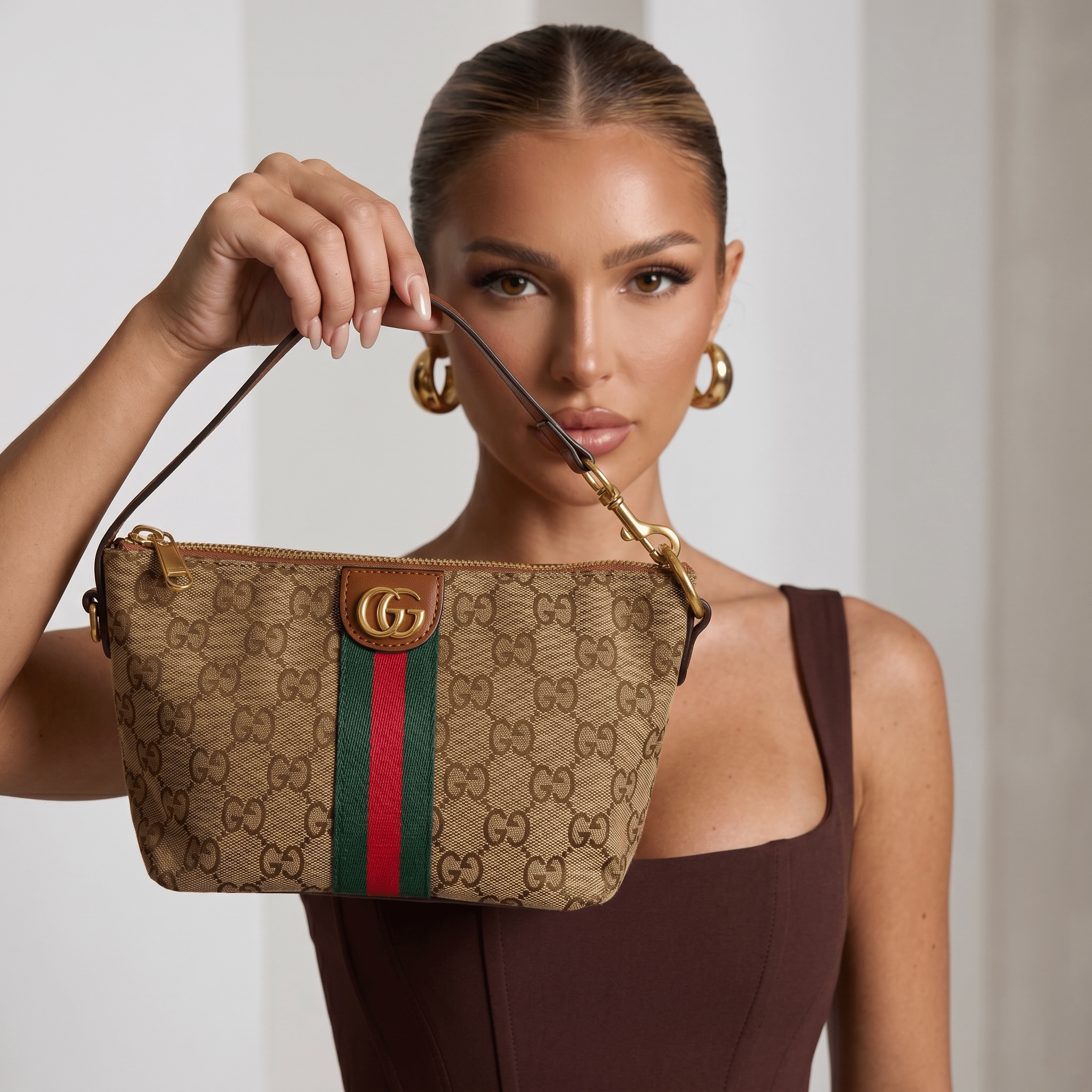 Gucci Beige GG Supreme Web Stripe Shoulder Bag 🤎💚❤️✨👜🔥