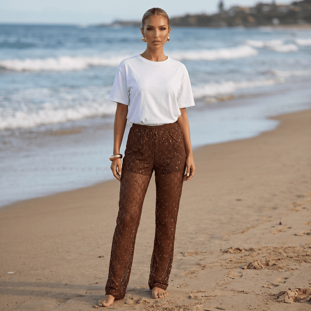 Gucci Brown Sheer Crystal Logo Pants 🤎✨