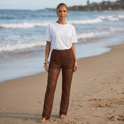 Gucci Brown Sheer Crystal Logo Pants 🤎✨