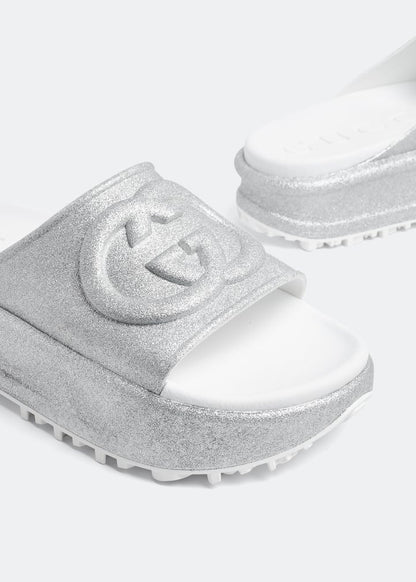 Gucci Flatform Slide – Silver Glitter ✨