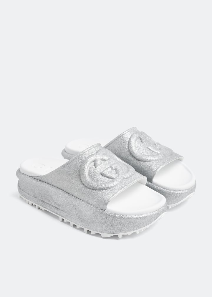 Gucci Flatform Slide – Silver Glitter ✨