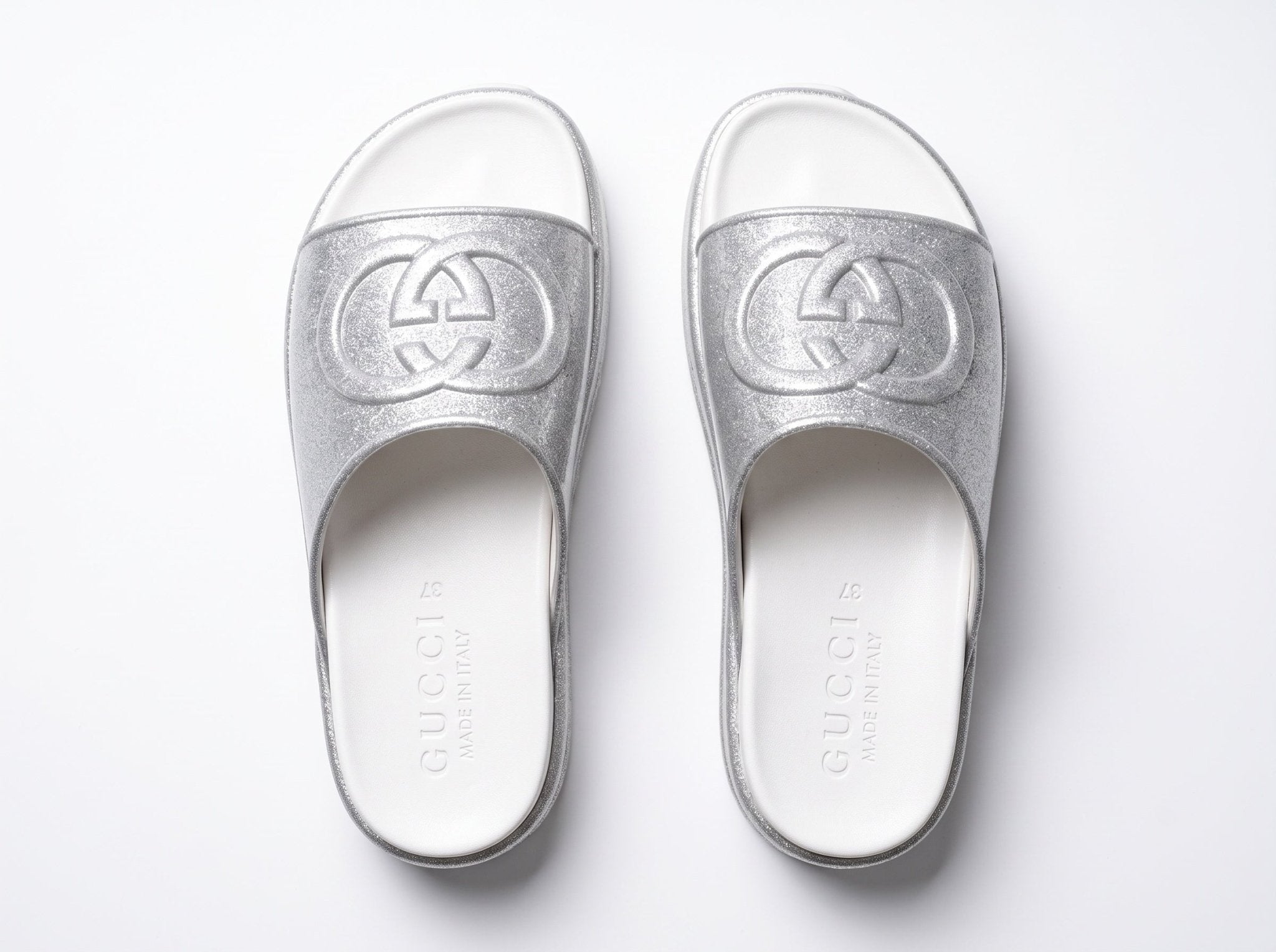 Gucci Flatform Slide – Silver Glitter ✨