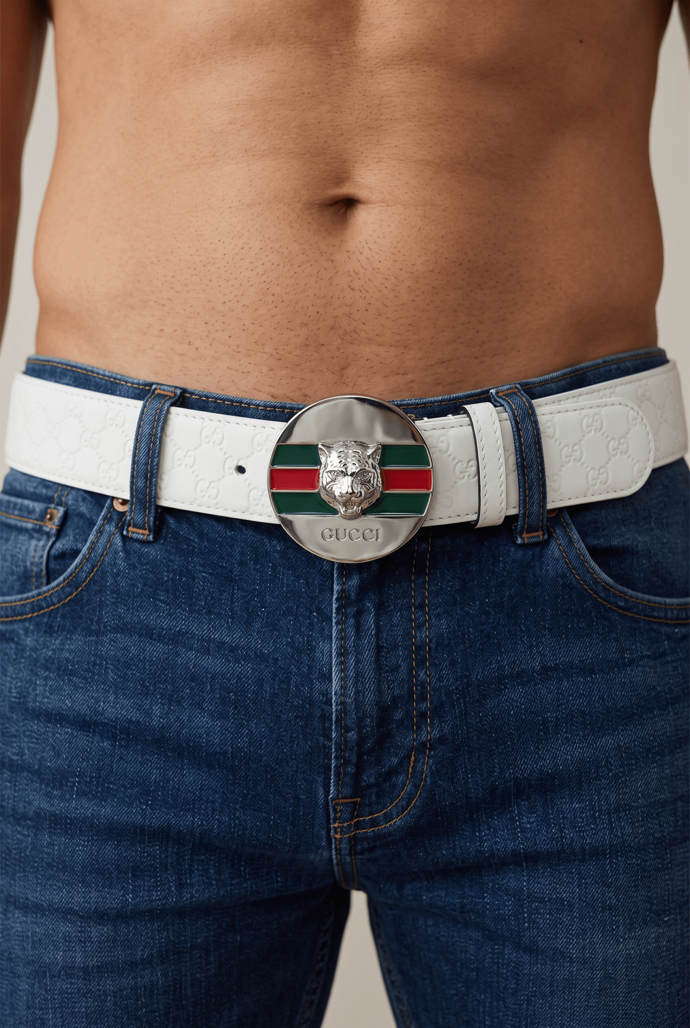 🖤 Gucci GG Belt  Tiger Head Buckle -Iconic Statement ✨ white 115cm
