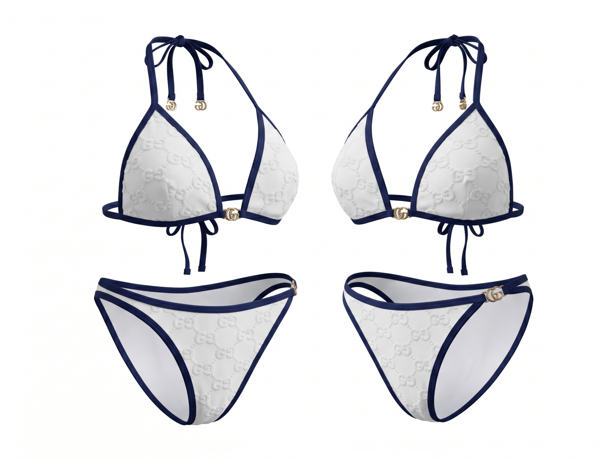 Gucci GG Embossed Triangle Bikini Set – White & Navy 🤍💙🌊