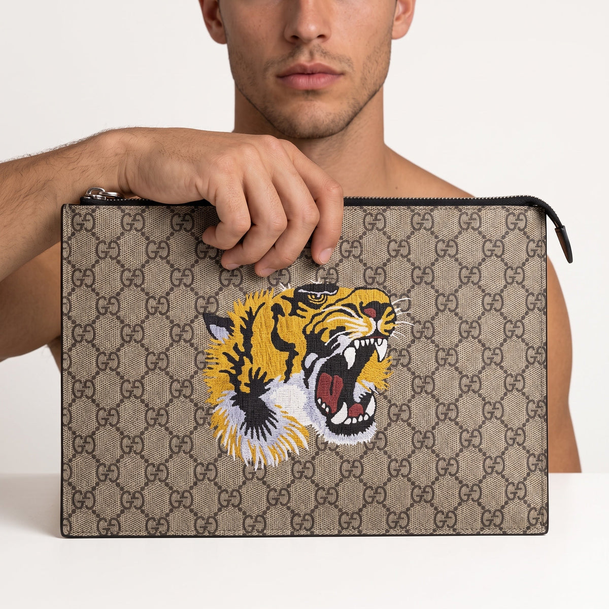 Gucci GG Tiger Canvas Zip Pouch — Beige